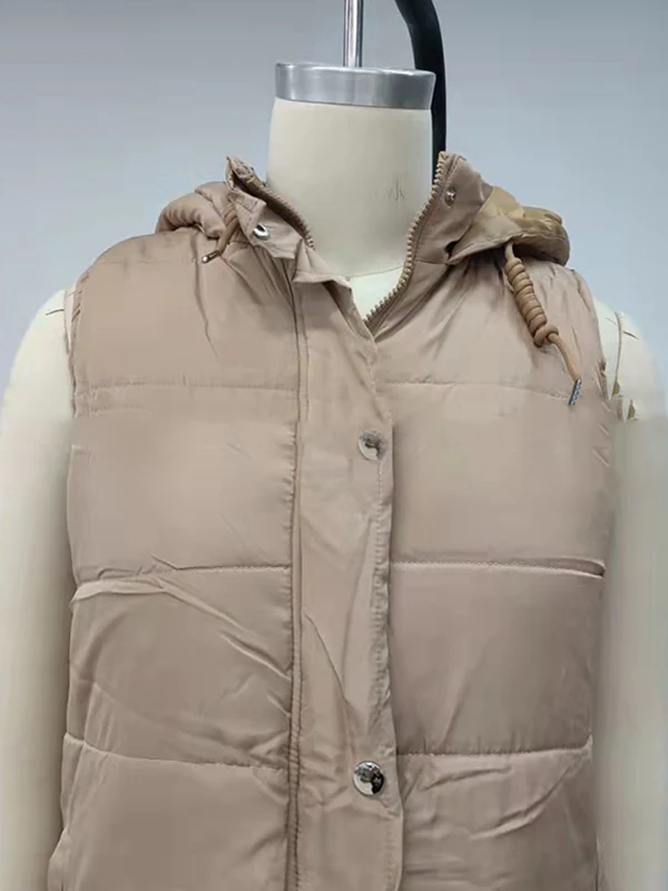 Hooded Sleeveless Buttoned Drawstring Keep Warm Solid Color Split-Joint Zipper Padded Coat Vest Outerwear - Image 11