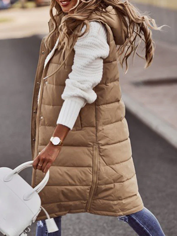 Hooded Sleeveless Buttoned Drawstring Keep Warm Solid Color Split-Joint Zipper Padded Coat Vest Outerwear - Image 2