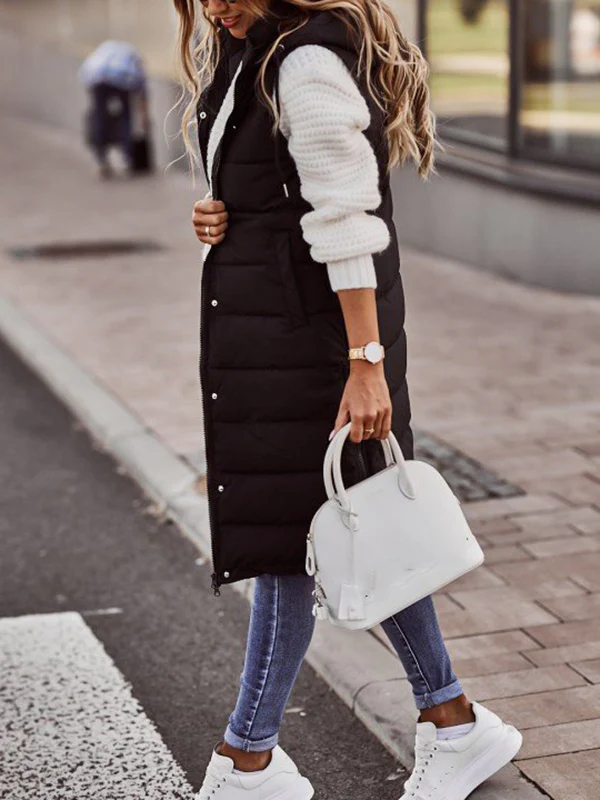 Hooded Sleeveless Buttoned Drawstring Keep Warm Solid Color Split-Joint Zipper Padded Coat Vest Outerwear - Image 3