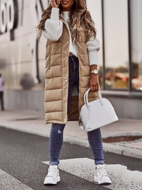 Hooded Sleeveless Buttoned Drawstring Keep Warm Solid Color Split-Joint Zipper Padded Coat Vest Outerwear - Image 4