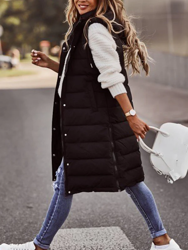 Hooded Sleeveless Buttoned Drawstring Keep Warm Solid Color Split-Joint Zipper Padded Coat Vest Outerwear - Image 5
