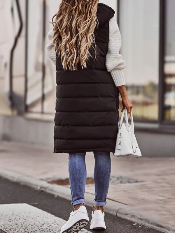 Hooded Sleeveless Buttoned Drawstring Keep Warm Solid Color Split-Joint Zipper Padded Coat Vest Outerwear - Image 6