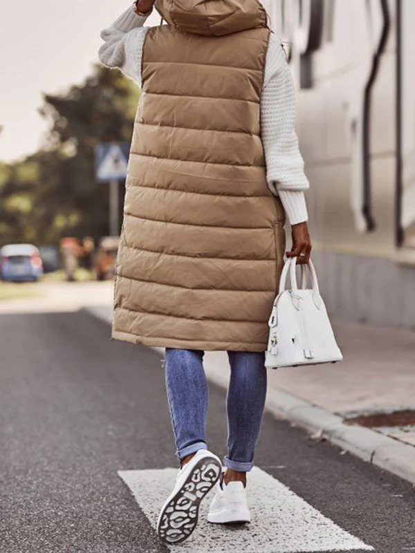 Hooded Sleeveless Buttoned Drawstring Keep Warm Solid Color Split-Joint Zipper Padded Coat Vest Outerwear - Image 7
