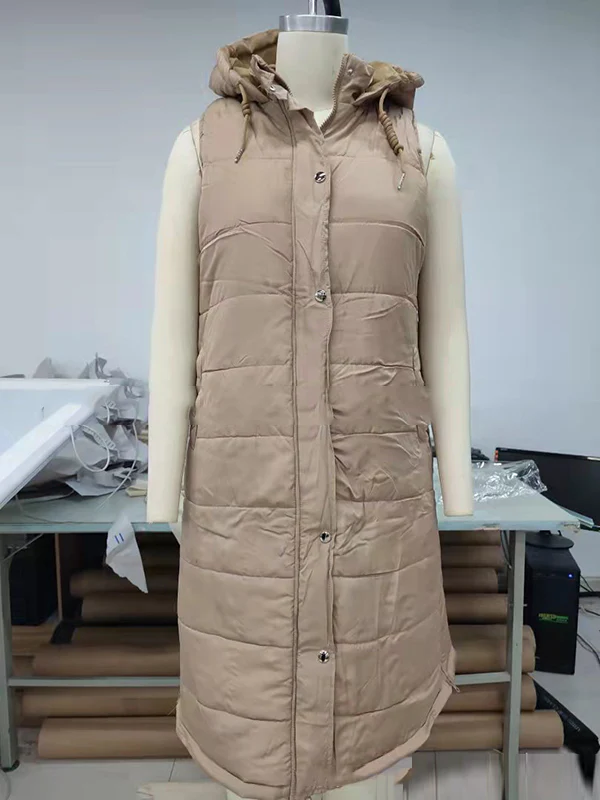 Hooded Sleeveless Buttoned Drawstring Keep Warm Solid Color Split-Joint Zipper Padded Coat Vest Outerwear - Image 8