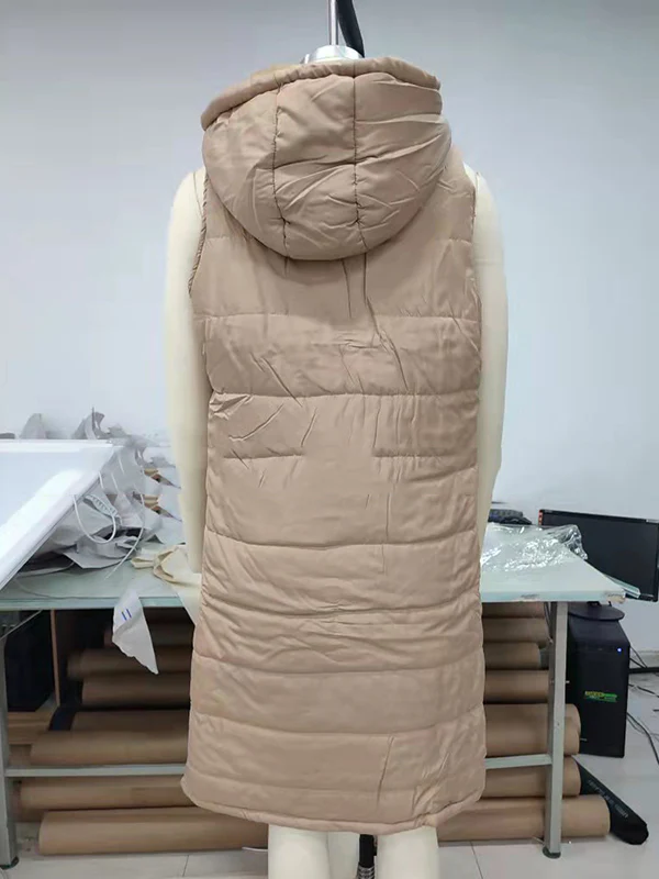 Hooded Sleeveless Buttoned Drawstring Keep Warm Solid Color Split-Joint Zipper Padded Coat Vest Outerwear - Image 9