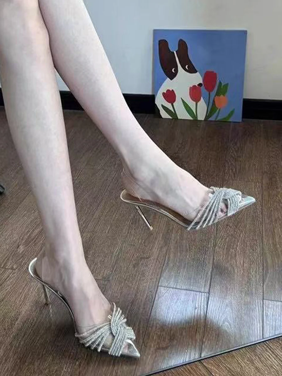 Interlace Peep Toe Rhinestone Shiny Pumps Sandals - Image 3