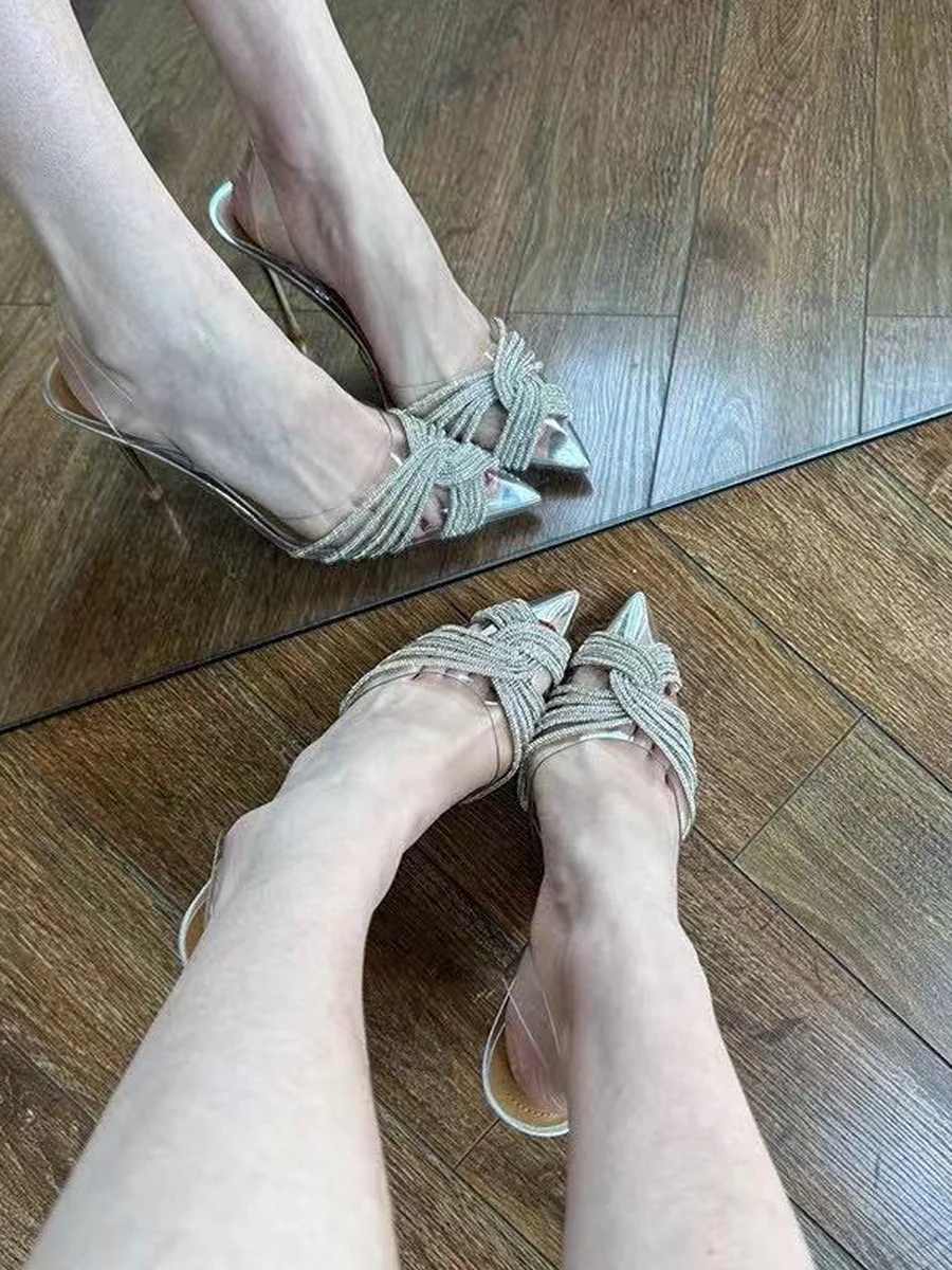 Interlace Peep Toe Rhinestone Shiny Pumps Sandals - Image 6
