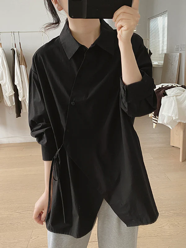 Irregular Clipping Long Sleeves Lace-Up Solid Color Lapel Blouses - Image 10