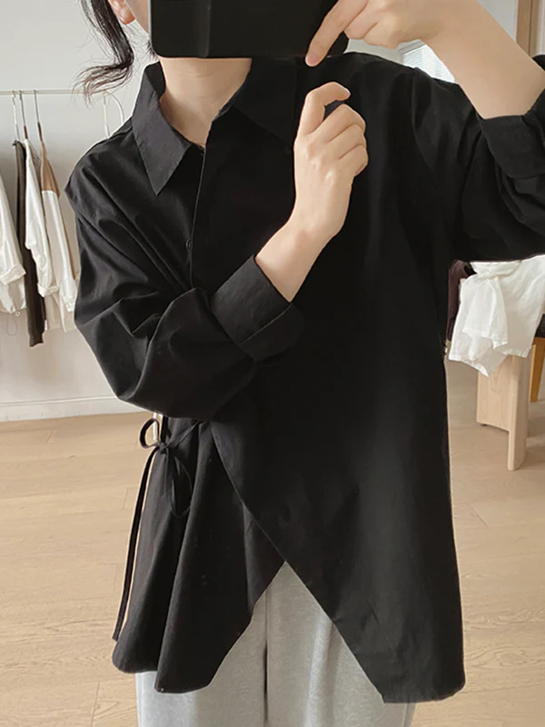 Irregular Clipping Long Sleeves Lace-Up Solid Color Lapel Blouses - Image 11