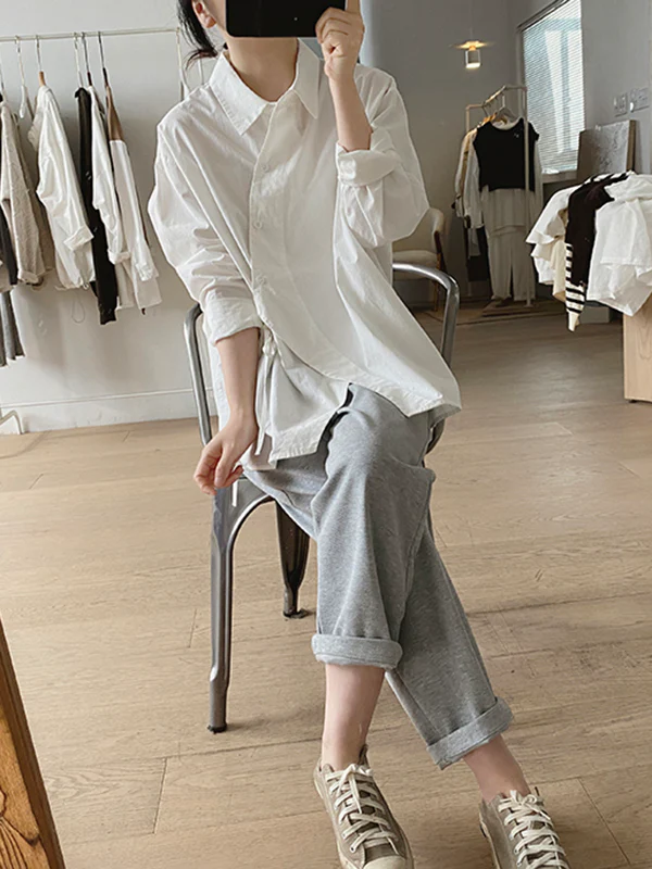 Irregular Clipping Long Sleeves Lace-Up Solid Color Lapel Blouses - Image 12