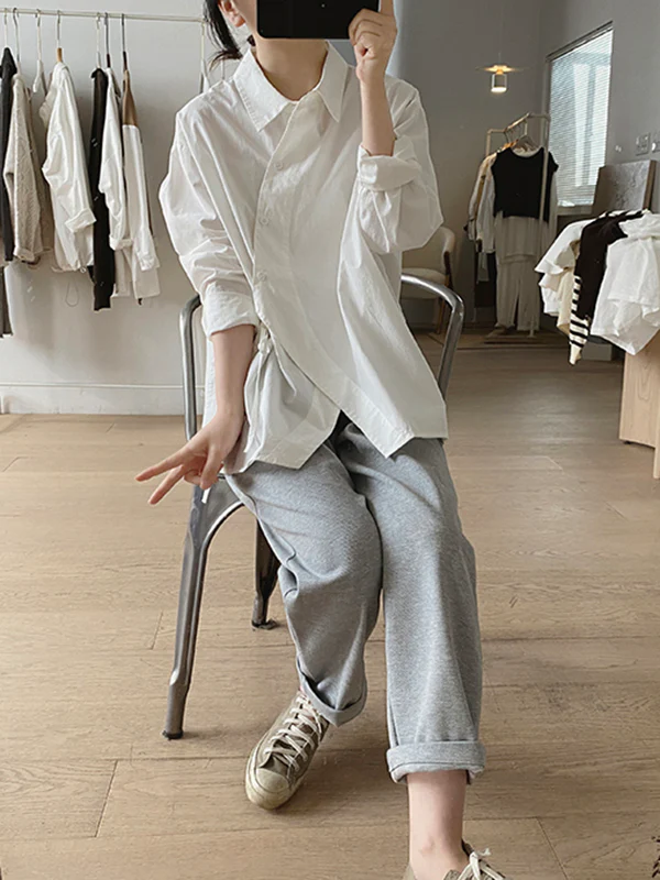 Irregular Clipping Long Sleeves Lace-Up Solid Color Lapel Blouses - Image 13