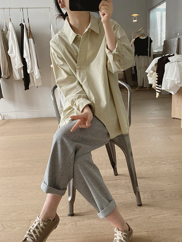 Irregular Clipping Long Sleeves Lace-Up Solid Color Lapel Blouses - Image 14