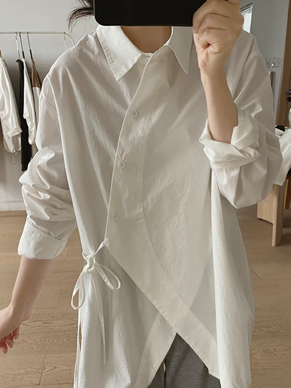 Irregular Clipping Long Sleeves Lace-Up Solid Color Lapel Blouses - Image 17