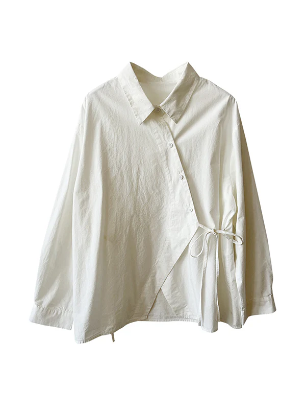 Irregular Clipping Long Sleeves Lace-Up Solid Color Lapel Blouses - Image 18
