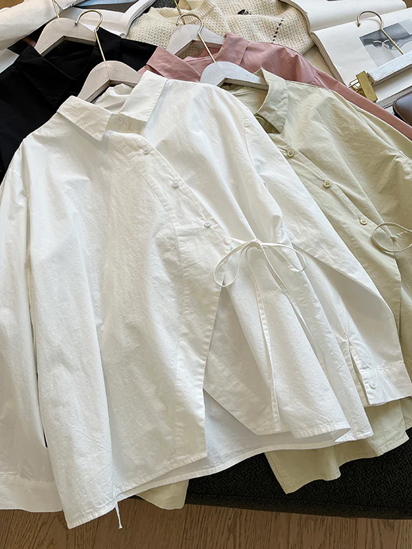 Irregular Clipping Long Sleeves Lace-Up Solid Color Lapel Blouses - Image 19
