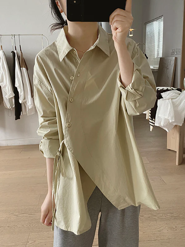 Irregular Clipping Long Sleeves Lace-Up Solid Color Lapel Blouses - Image 2