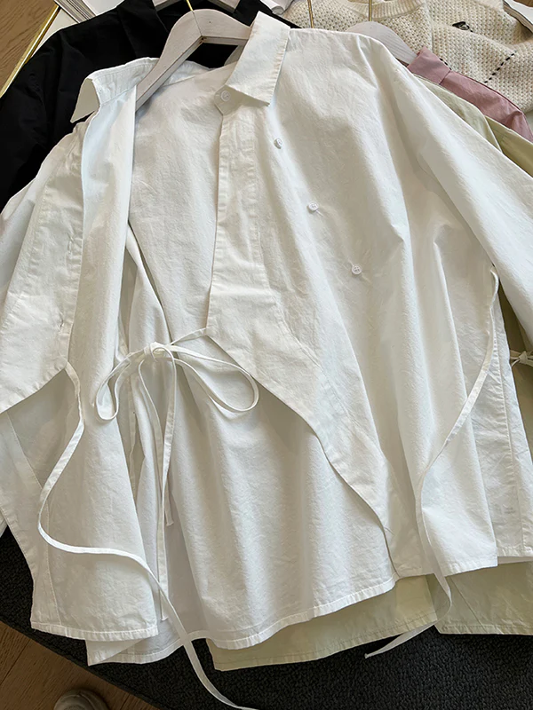 Irregular Clipping Long Sleeves Lace-Up Solid Color Lapel Blouses - Image 20