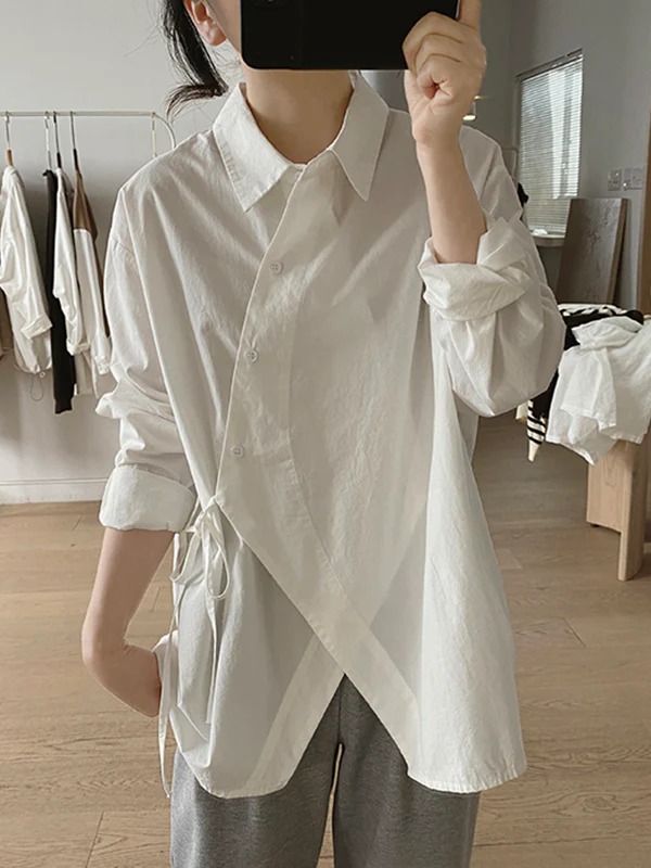 Irregular Clipping Long Sleeves Lace-Up Solid Color Lapel Blouses - Image 3