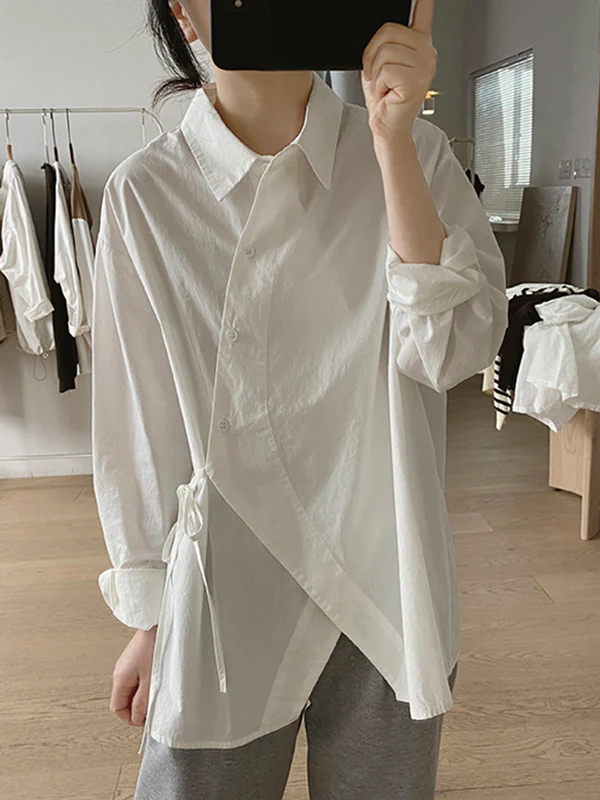 Irregular Clipping Long Sleeves Lace-Up Solid Color Lapel Blouses - Image 4