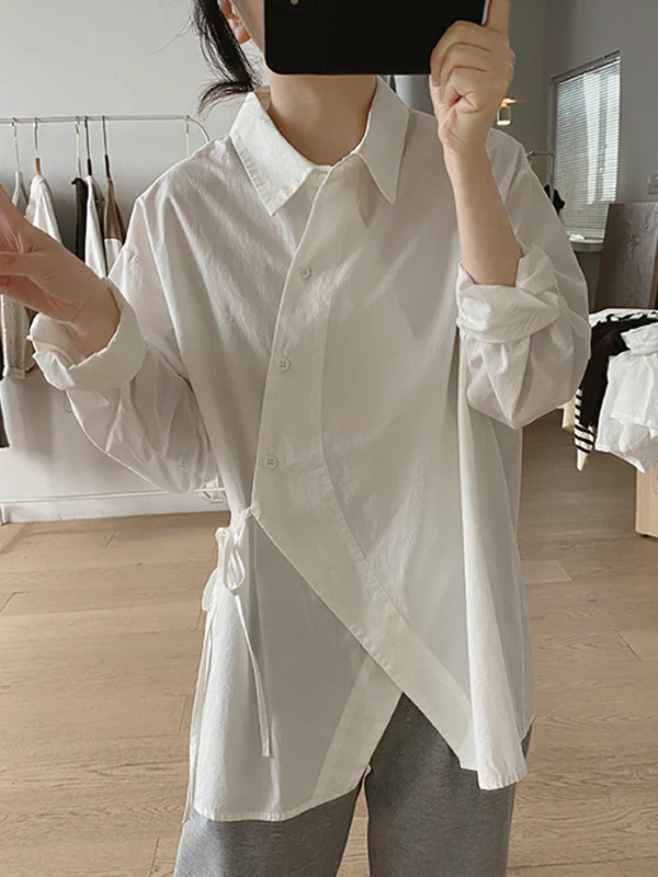 Irregular Clipping Long Sleeves Lace-Up Solid Color Lapel Blouses - Image 5