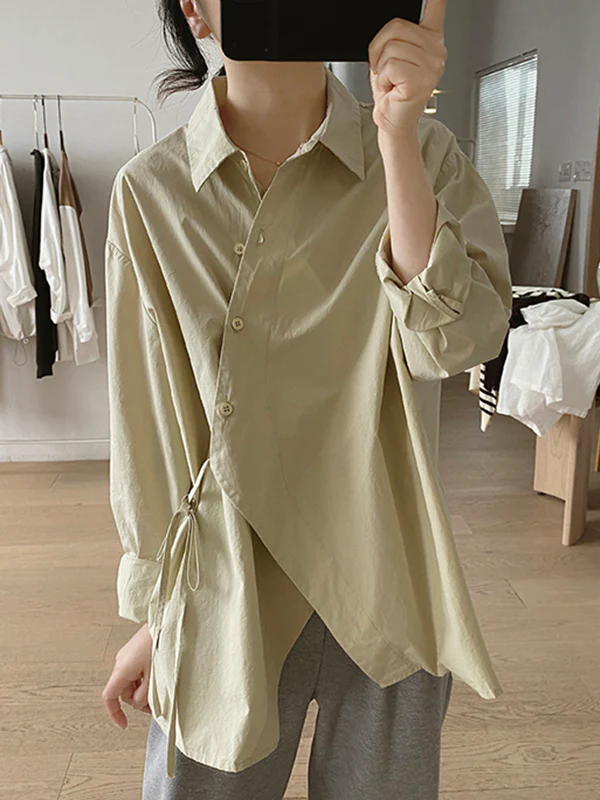 Irregular Clipping Long Sleeves Lace-Up Solid Color Lapel Blouses - Image 6
