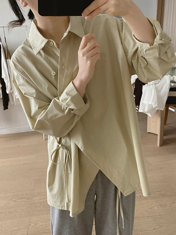 Irregular Clipping Long Sleeves Lace-Up Solid Color Lapel Blouses - Image 7