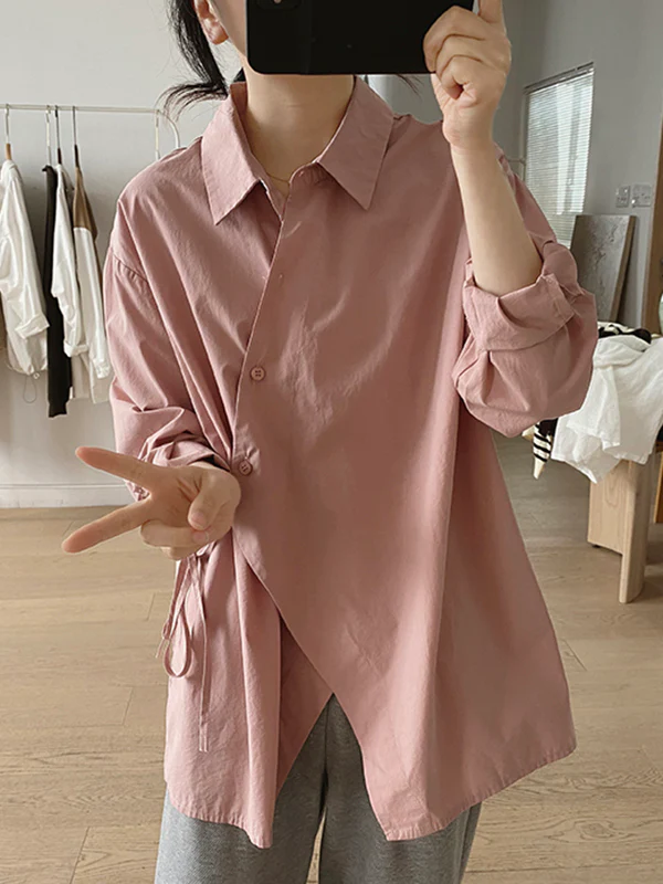 Irregular Clipping Long Sleeves Lace-Up Solid Color Lapel Blouses - Image 8