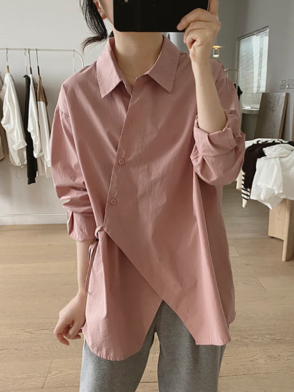 Irregular Clipping Long Sleeves Lace-Up Solid Color Lapel Blouses - Image 9