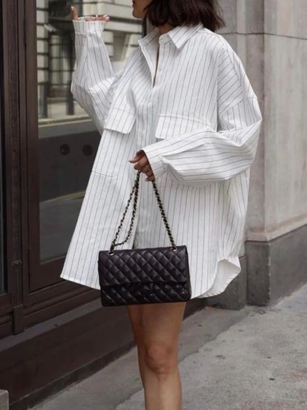 Irregular Clipping Long Sleeves Split-Joint Striped Lapel Blouses - Image 2