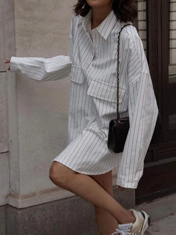 Irregular Clipping Long Sleeves Split-Joint Striped Lapel Blouses - Image 3
