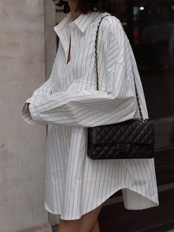 Irregular Clipping Long Sleeves Split-Joint Striped Lapel Blouses - Image 4
