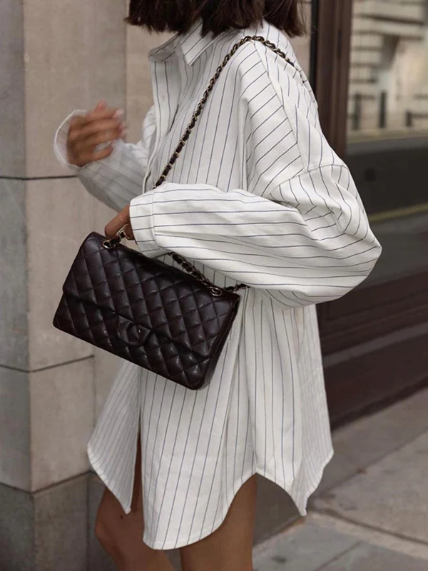 Irregular Clipping Long Sleeves Split-Joint Striped Lapel Blouses - Image 5