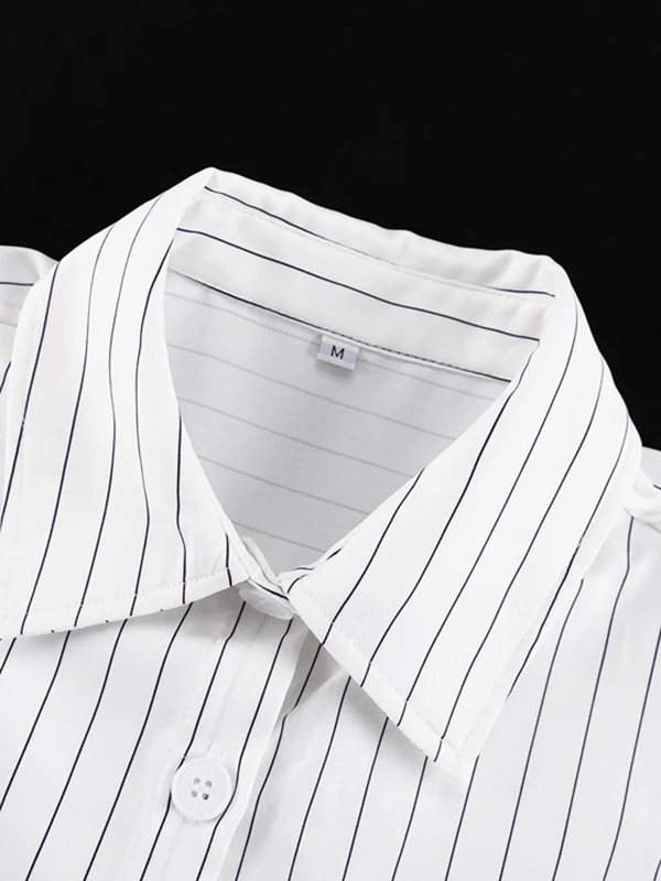 Irregular Clipping Long Sleeves Split-Joint Striped Lapel Blouses - Image 8