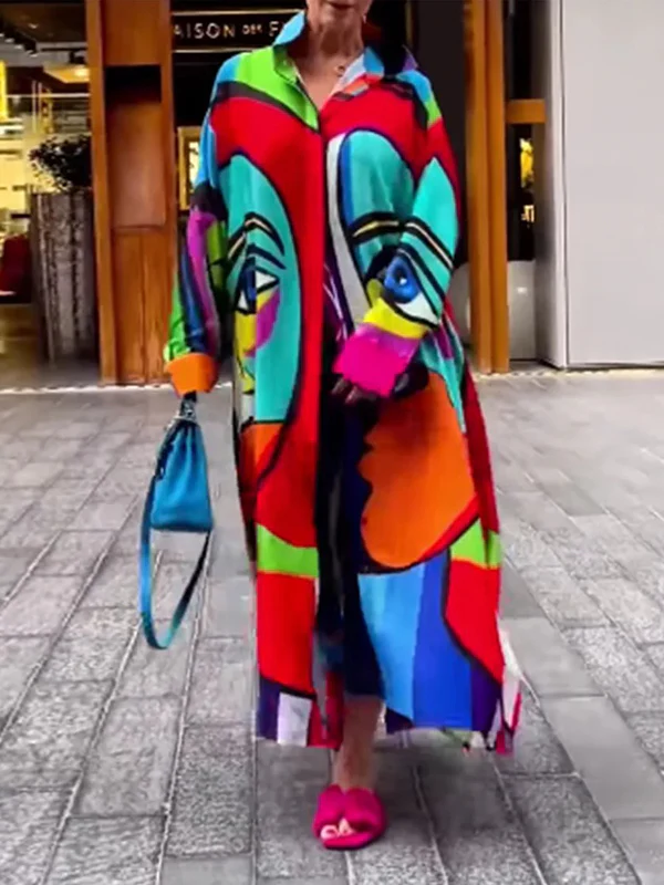 Irregular Clipping Loose Abstract Printed Multi-Colored Lapel Maxi Dresses Shirt Dress - Image 2