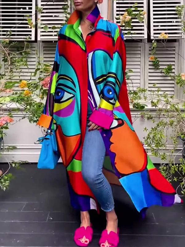 Irregular Clipping Loose Abstract Printed Multi-Colored Lapel Maxi Dresses Shirt Dress - Image 3