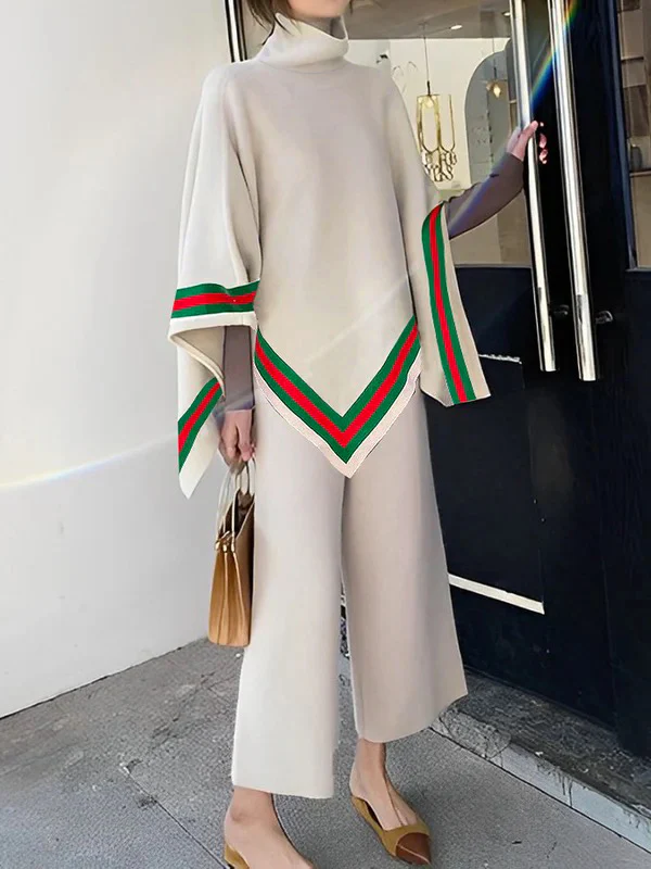 Irregular Clipping Loose Asymmetric Striped High Neck Sweater Tops - Image 2