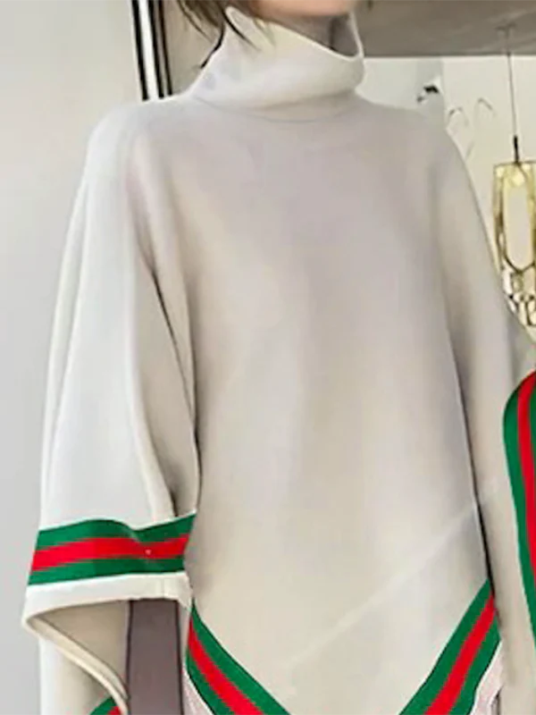 Irregular Clipping Loose Asymmetric Striped High Neck Sweater Tops - Image 3