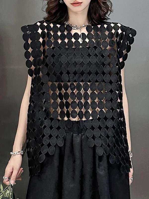 Irregular Clipping Loose Hollow Solid Color Split-Joint Round-Neck Vest Top - Image 7