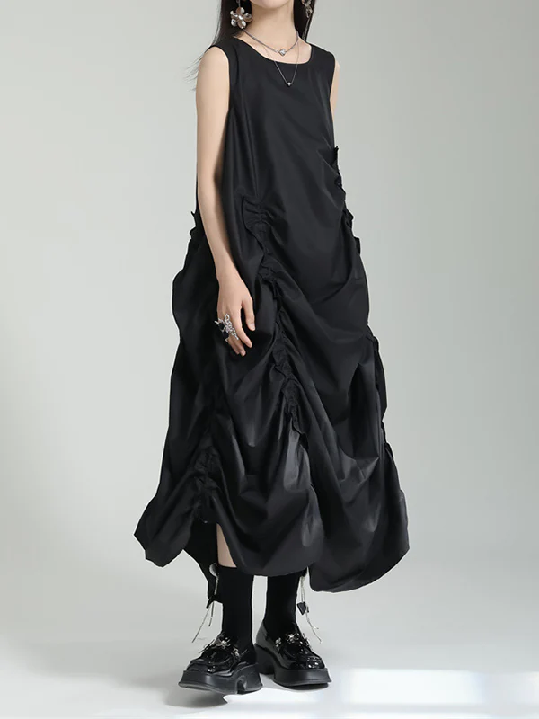 Irregular Clipping Loose Solid Color Round-Neck Midi Dresses - Image 10