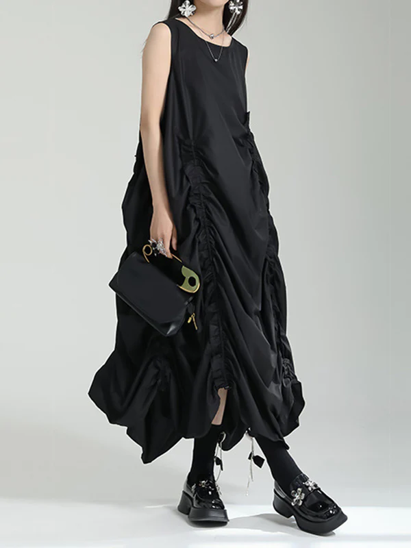 Irregular Clipping Loose Solid Color Round-Neck Midi Dresses - Image 11