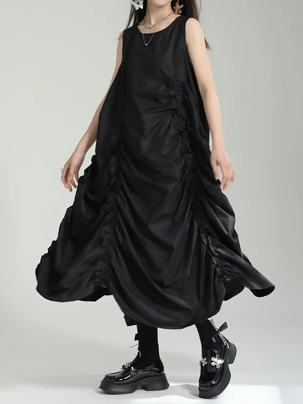 Irregular Clipping Loose Solid Color Round-Neck Midi Dresses - Image 12