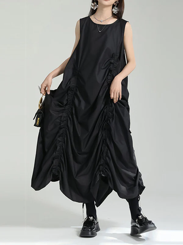 Irregular Clipping Loose Solid Color Round-Neck Midi Dresses - Image 13