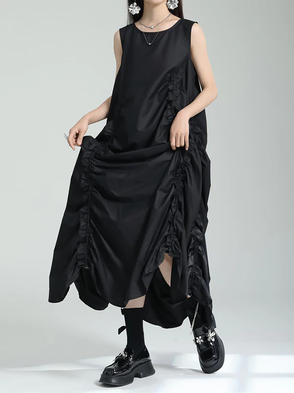 Irregular Clipping Loose Solid Color Round-Neck Midi Dresses - Image 14