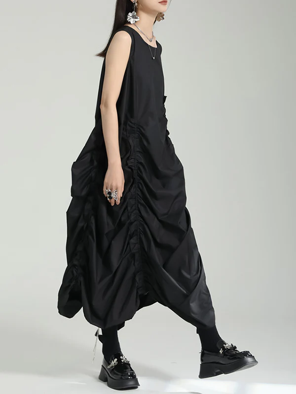Irregular Clipping Loose Solid Color Round-Neck Midi Dresses - Image 16