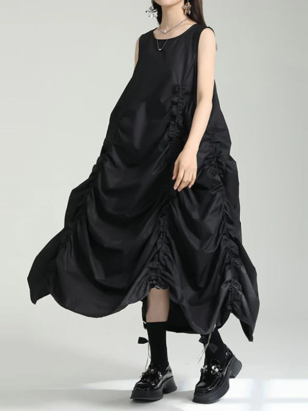 Irregular Clipping Loose Solid Color Round-Neck Midi Dresses - Image 2
