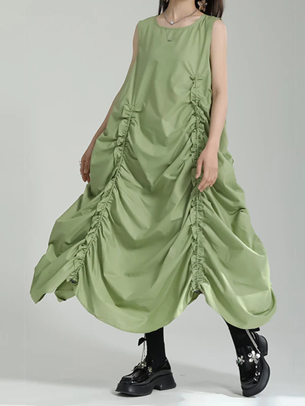 Irregular Clipping Loose Solid Color Round-Neck Midi Dresses - Image 3