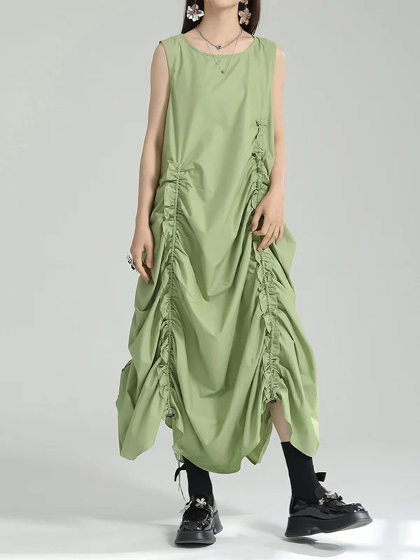 Irregular Clipping Loose Solid Color Round-Neck Midi Dresses - Image 4