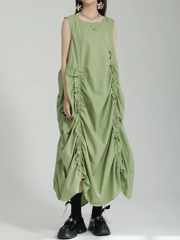 Irregular Clipping Loose Solid Color Round-Neck Midi Dresses - Image 5
