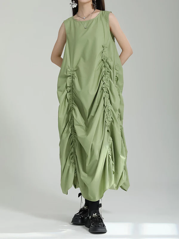Irregular Clipping Loose Solid Color Round-Neck Midi Dresses - Image 6