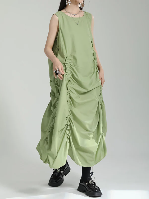 Irregular Clipping Loose Solid Color Round-Neck Midi Dresses - Image 7